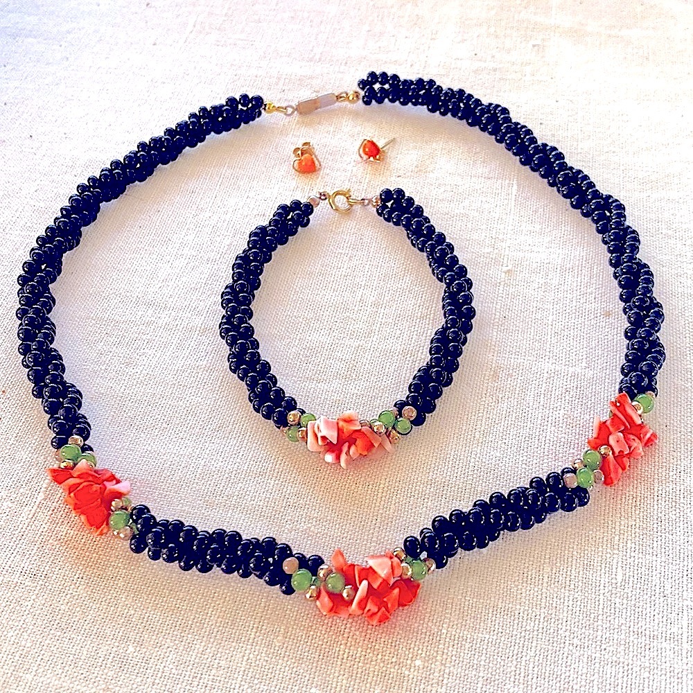 New In box: genuine gemstones,coral and sterling silver necklace set